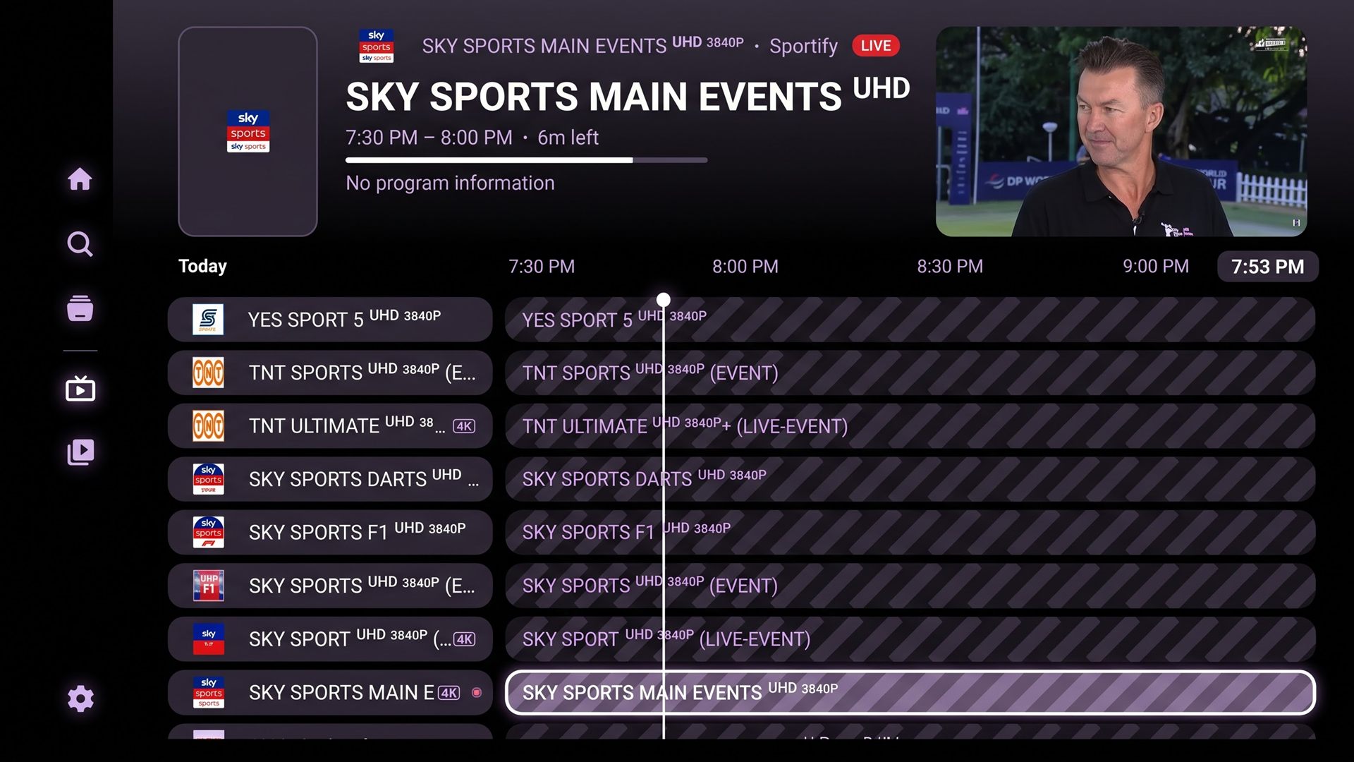 Nuvio IPTV live TV guide with 4K UHD sports channels