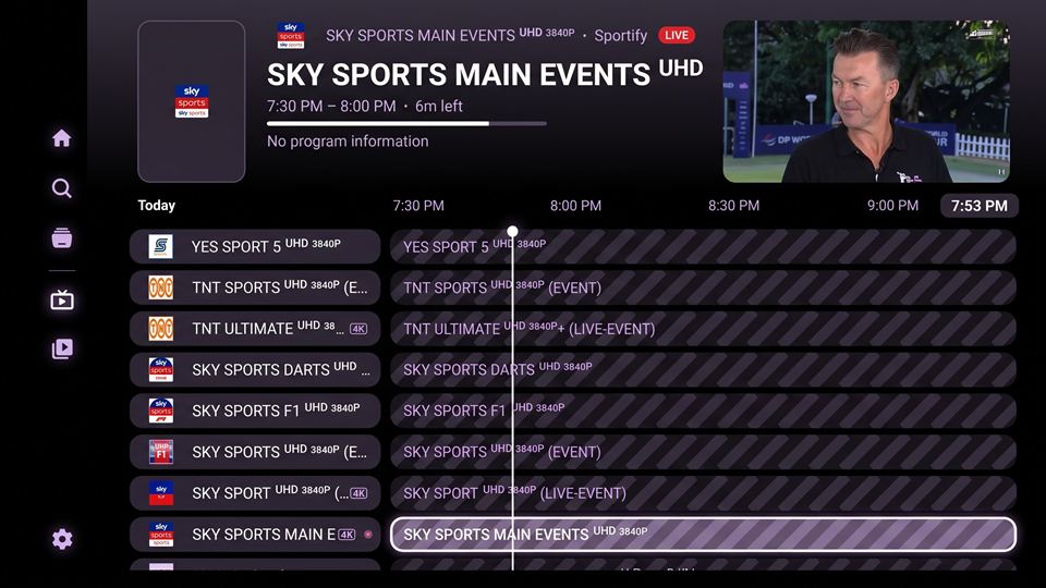 Nuvio Live TV guide listing 4K sports channels